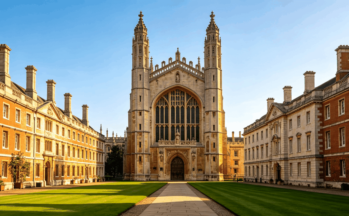 FocusBoom in action: selecting the King's College buildings in a photo of the University of Cambridge pops up About this place / Go here / Travel guide